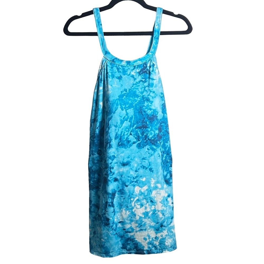 Lands End Blue Tie Dye High Neck Swim Dress Size 12 Adjustable Straps 528576